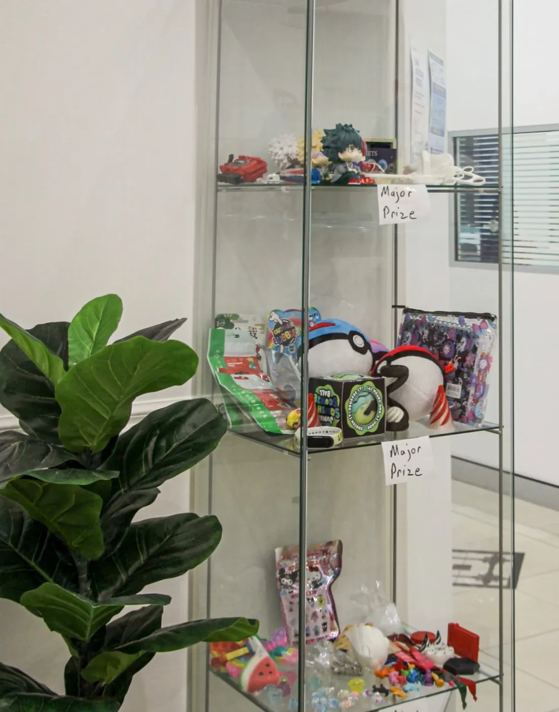 The prize cabinet where students redeem their reward tokens