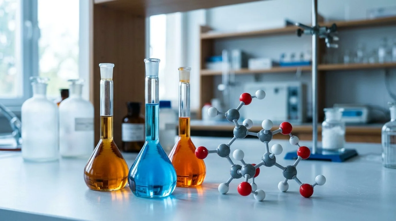 A Chemistry lab setup with coloured solutions in volumetric flasks and a molecular modelling kit