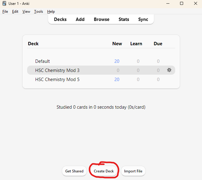 The Anki main window with the Create Deck button highlighted