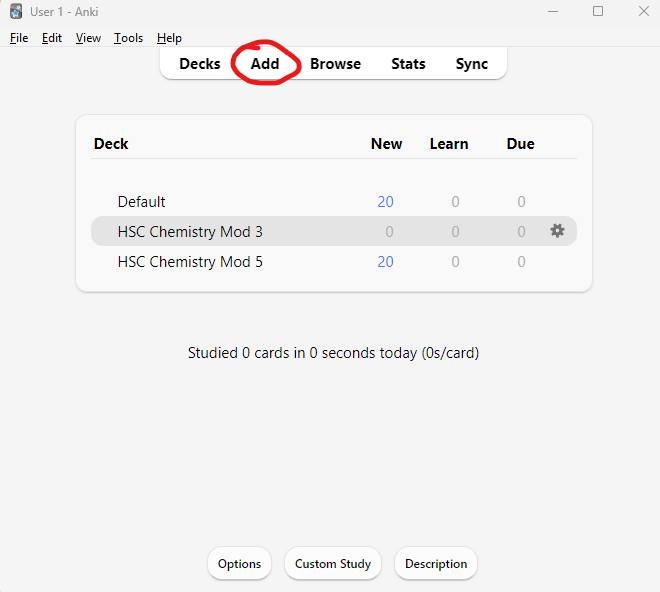 The Anki toolbar with the Add button highlighted