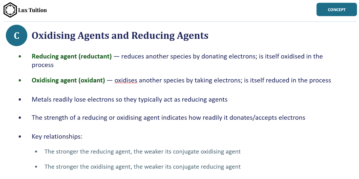 Screenshotting a Lux Tuition Chemistry slide on oxidising agents and reducing agents