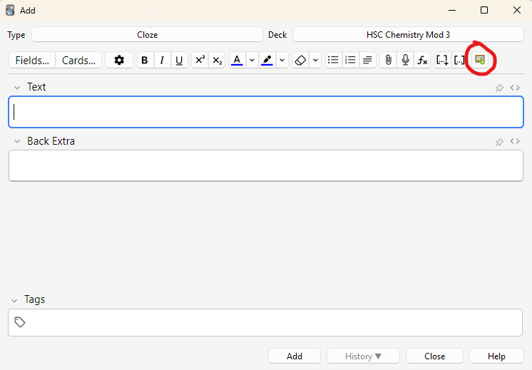 The Anki note editor with the Image Occlusion button highlighted