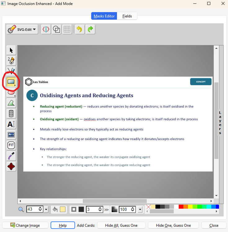 The Image Occlusion Masks Editor with the rectangle tool highlighted