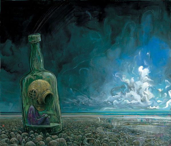 A figure wearing a diving helmet sits trapped inside a glass bottle on a desolate landscape, dark, stained tones in the foreground contrast against a brighter sky in the background
