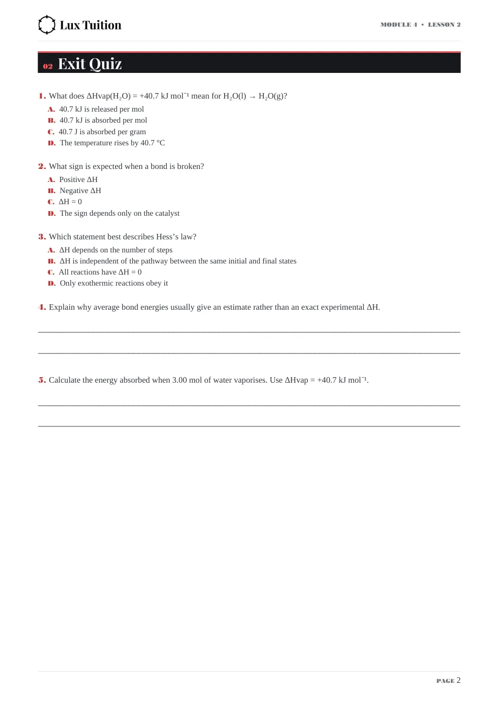 HSC Chemistry worksheet — latent heat, bond energy and Hess’s law — page 2 of 9