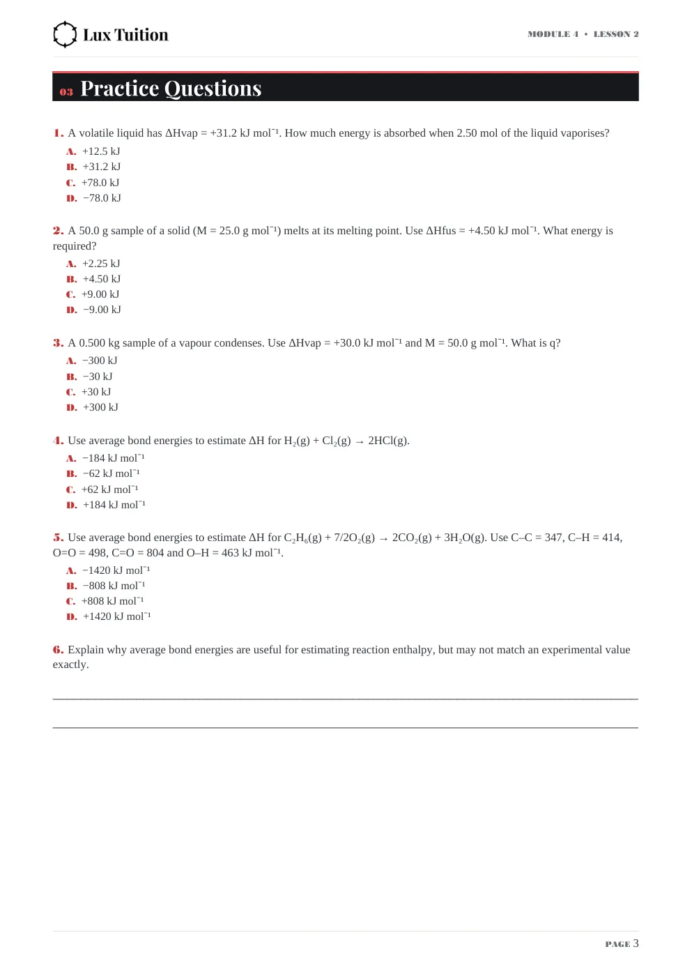 HSC Chemistry worksheet — latent heat, bond energy and Hess’s law — page 3 of 9