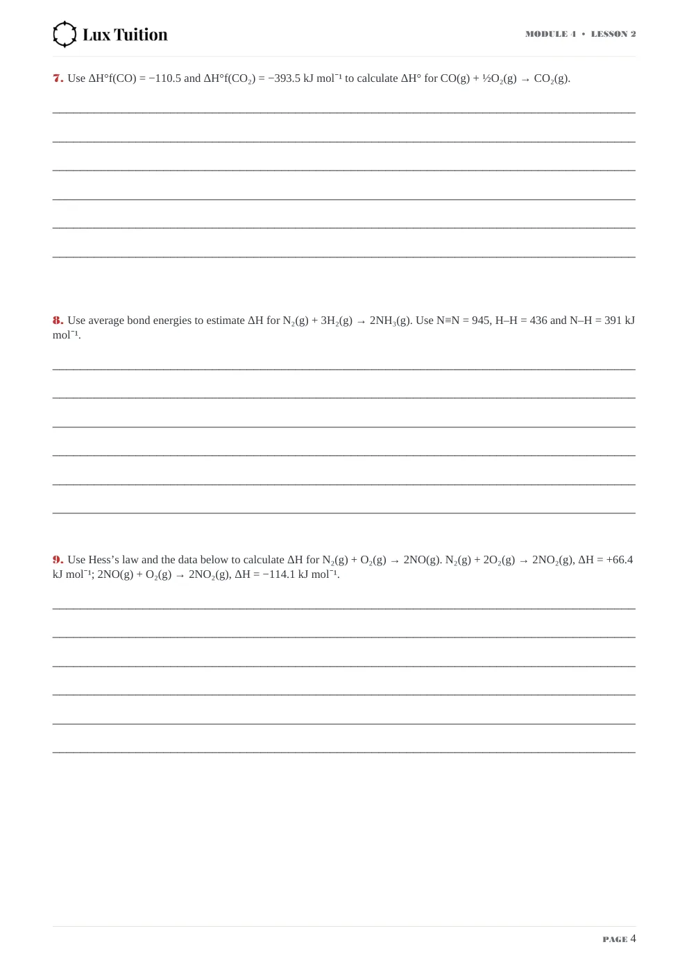HSC Chemistry worksheet — latent heat, bond energy and Hess’s law — page 4 of 9
