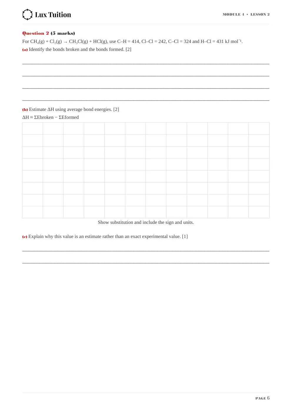 HSC Chemistry worksheet — latent heat, bond energy and Hess’s law — page 6 of 9