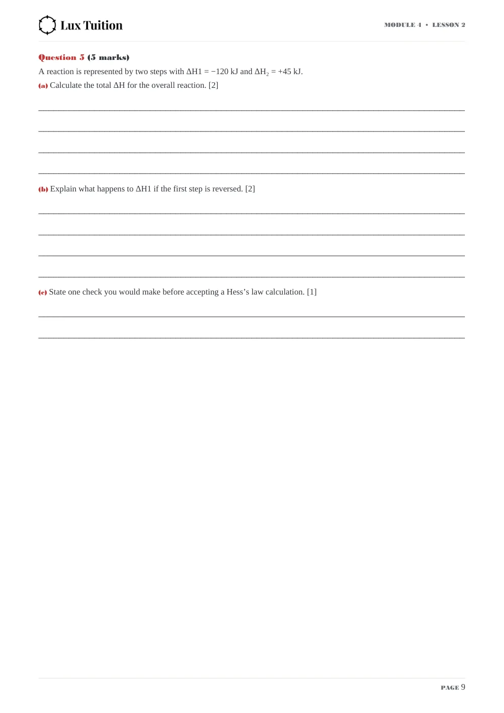 HSC Chemistry worksheet — latent heat, bond energy and Hess’s law — page 9 of 9