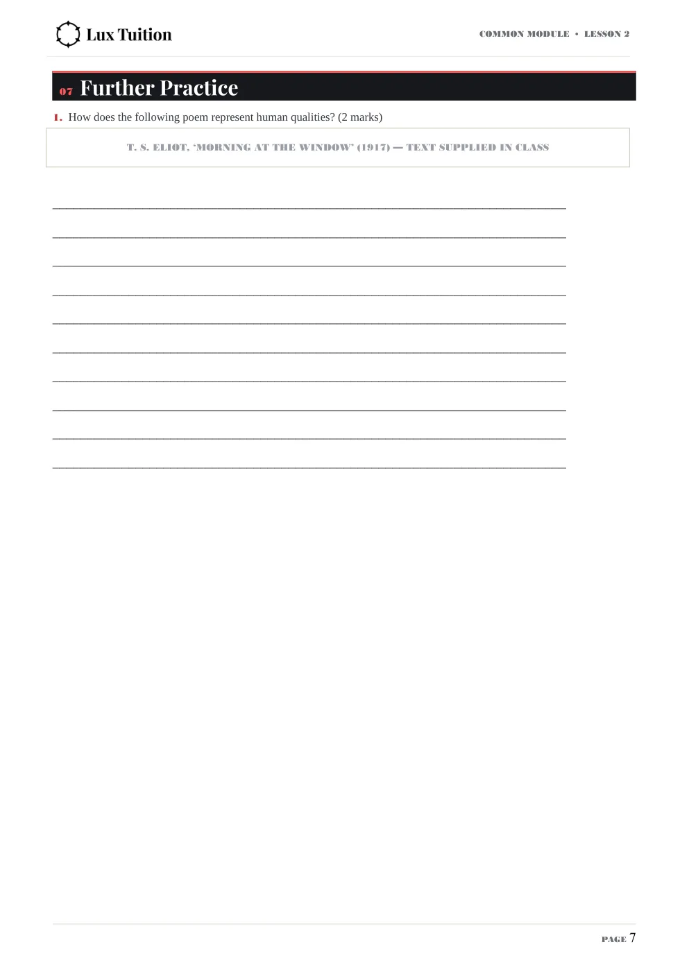 HSC English worksheet — short answer, Texts and Human Experiences — page 7 of 7