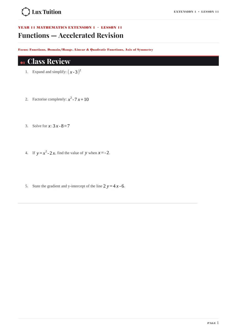 Maths Extension 1 worksheet — functions, domain and range — page 1 of 12