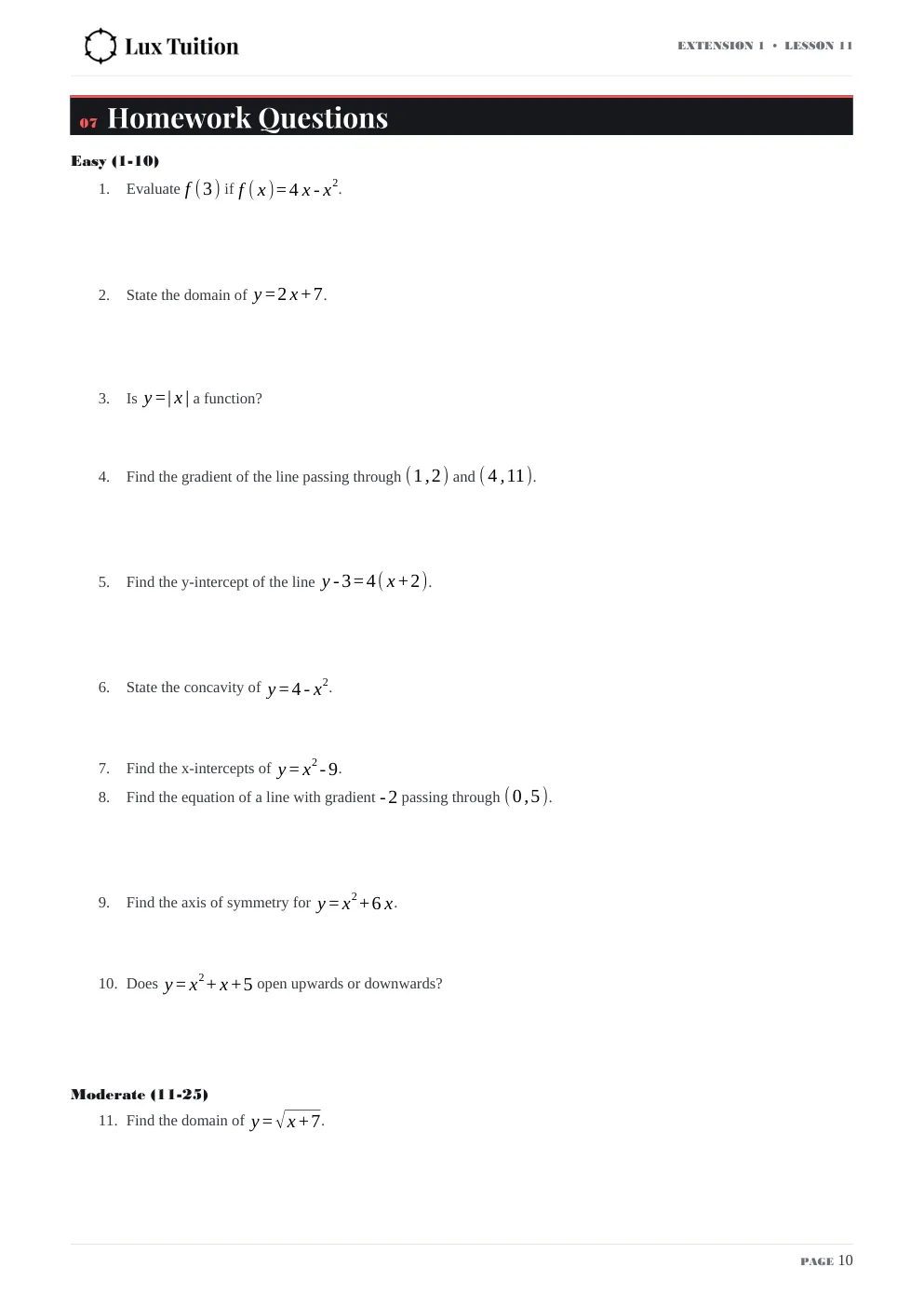 Maths Extension 1 worksheet — functions, domain and range — page 10 of 12