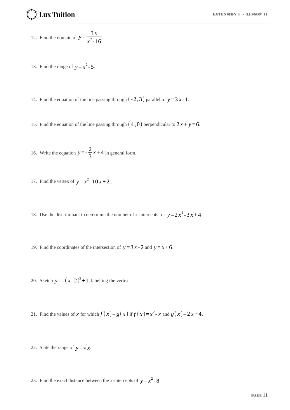Maths Extension 1 worksheet — functions, domain and range — page 11 of 12