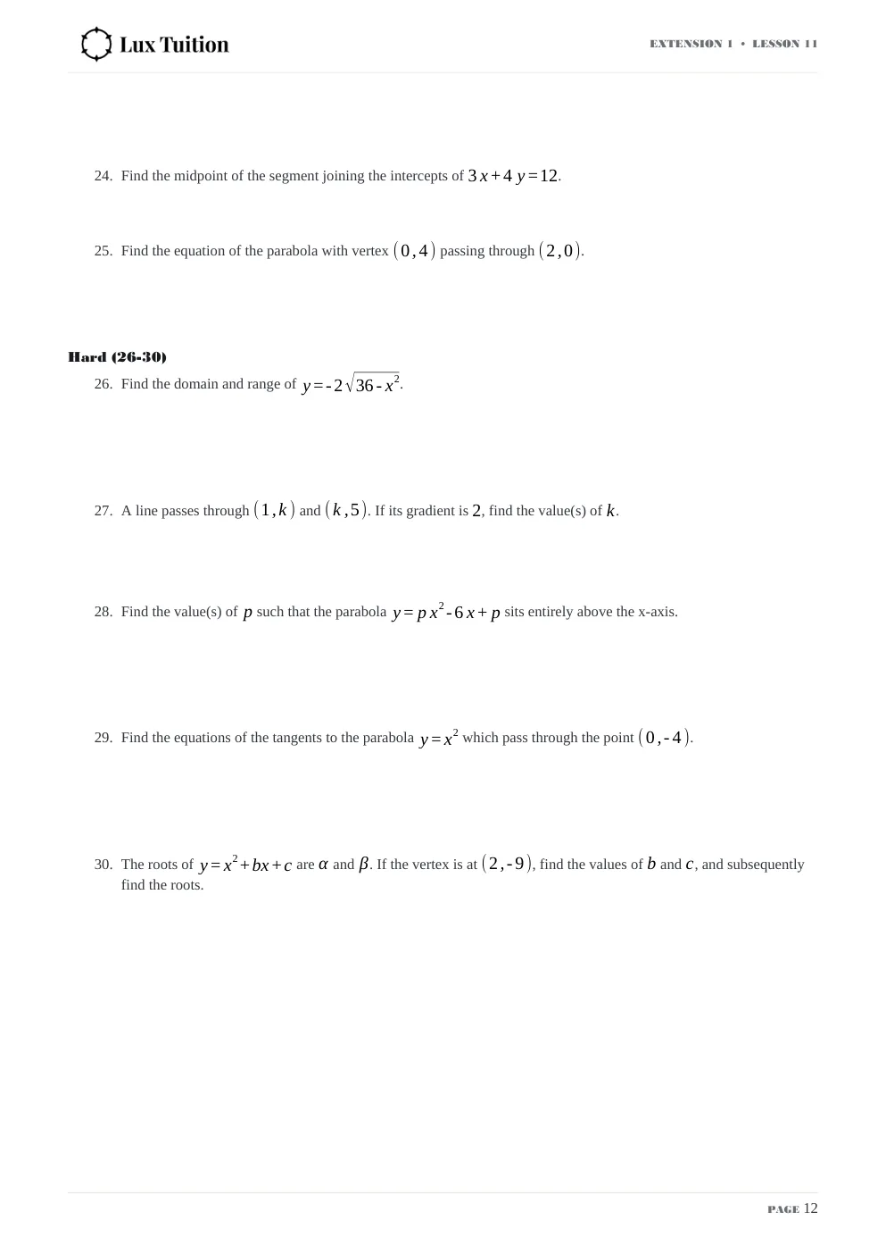 Maths Extension 1 worksheet — functions, domain and range — page 12 of 12
