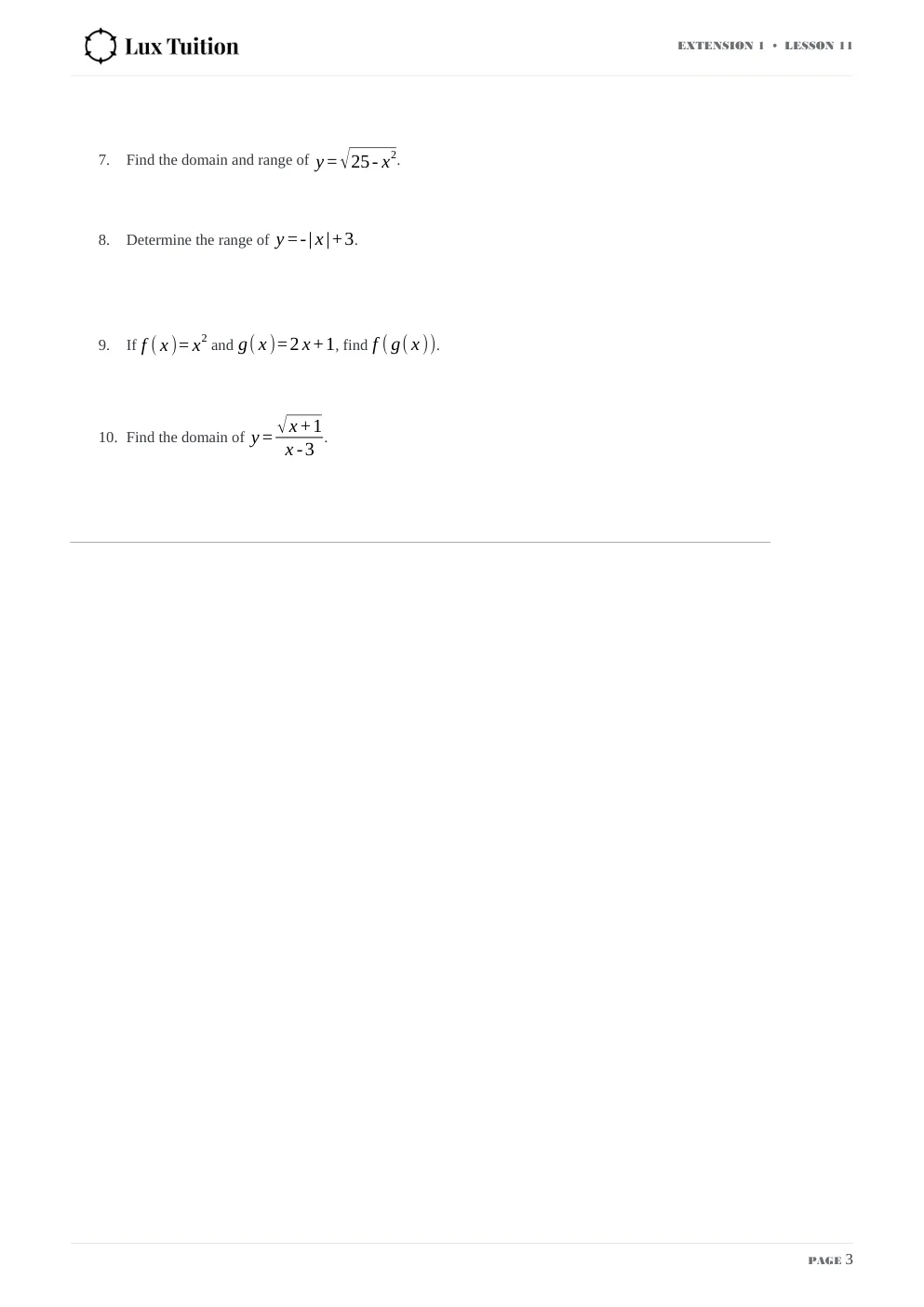 Maths Extension 1 worksheet — functions, domain and range — page 3 of 12